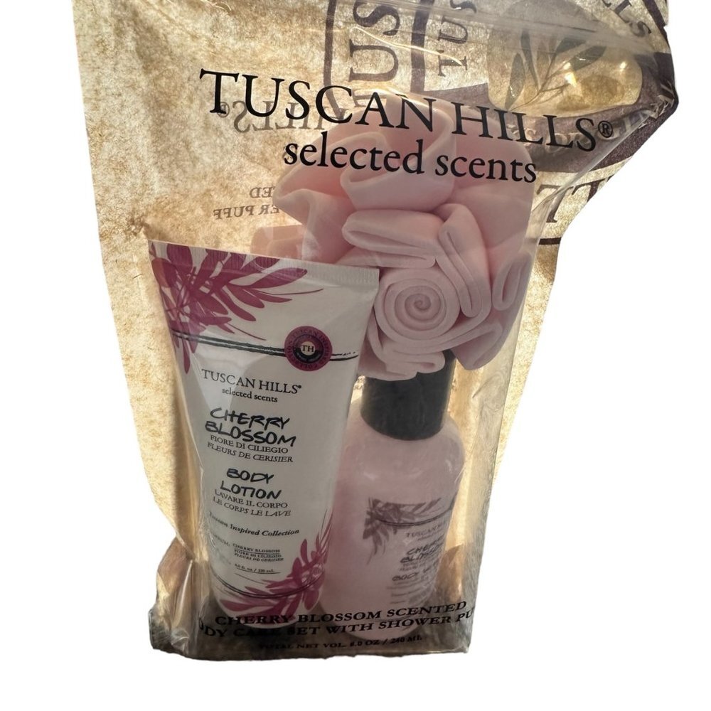 Tuscan‎ Hills Cherry Blossom Scented Body Care Lotion Wash Set with Shower Puff